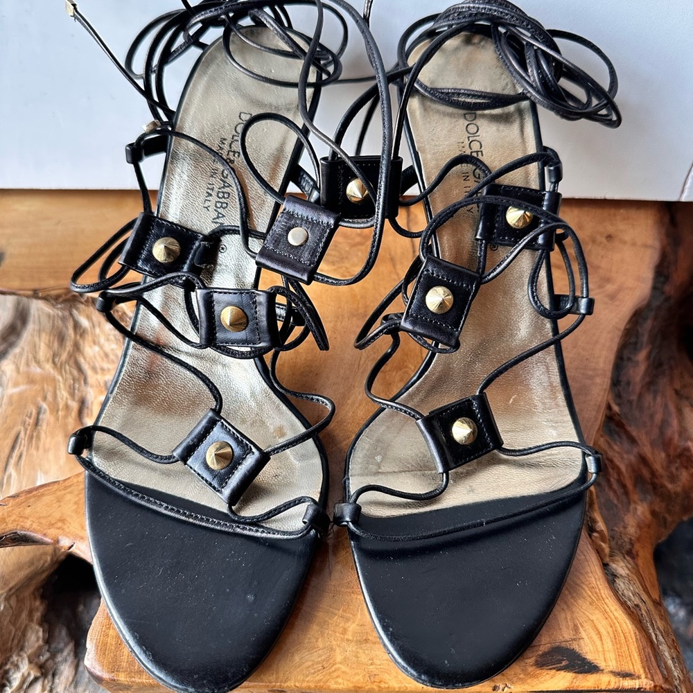 Dolce & Gabbana Black and Gold Studded Strappy Sandals